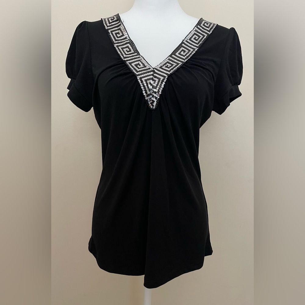 MKM Designs Women’s Black Blouse Embellished w/Silver Sequins